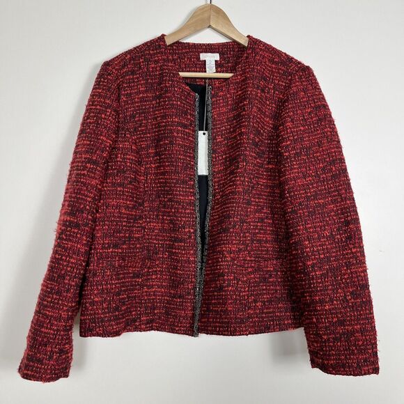 NWT Chico’s Women Open Front Jacket Embellished Tweed Blazer Red‎ Black Size 2 - Picture 1 of 13